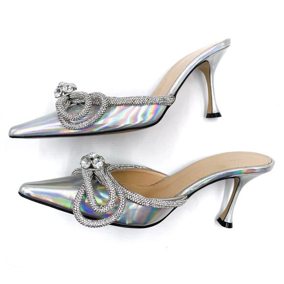 Mach & Mach Crystal Double Bow Mules Silver Iridescent Kitten Heel‎ Sz 37 / 7 - Picture 9 of 11
